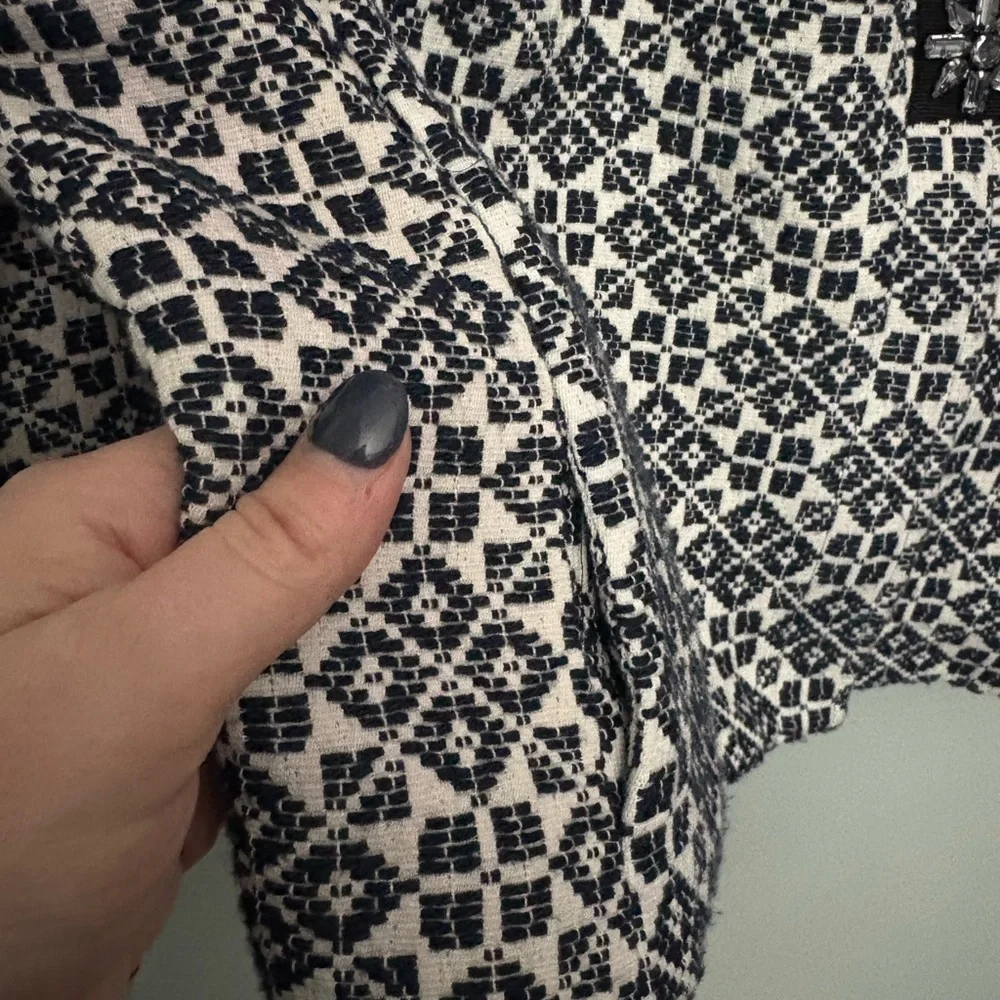 Tory Burch Embellished Jacquard Jacket Size 12 Navy Ivory Collarless Blazer